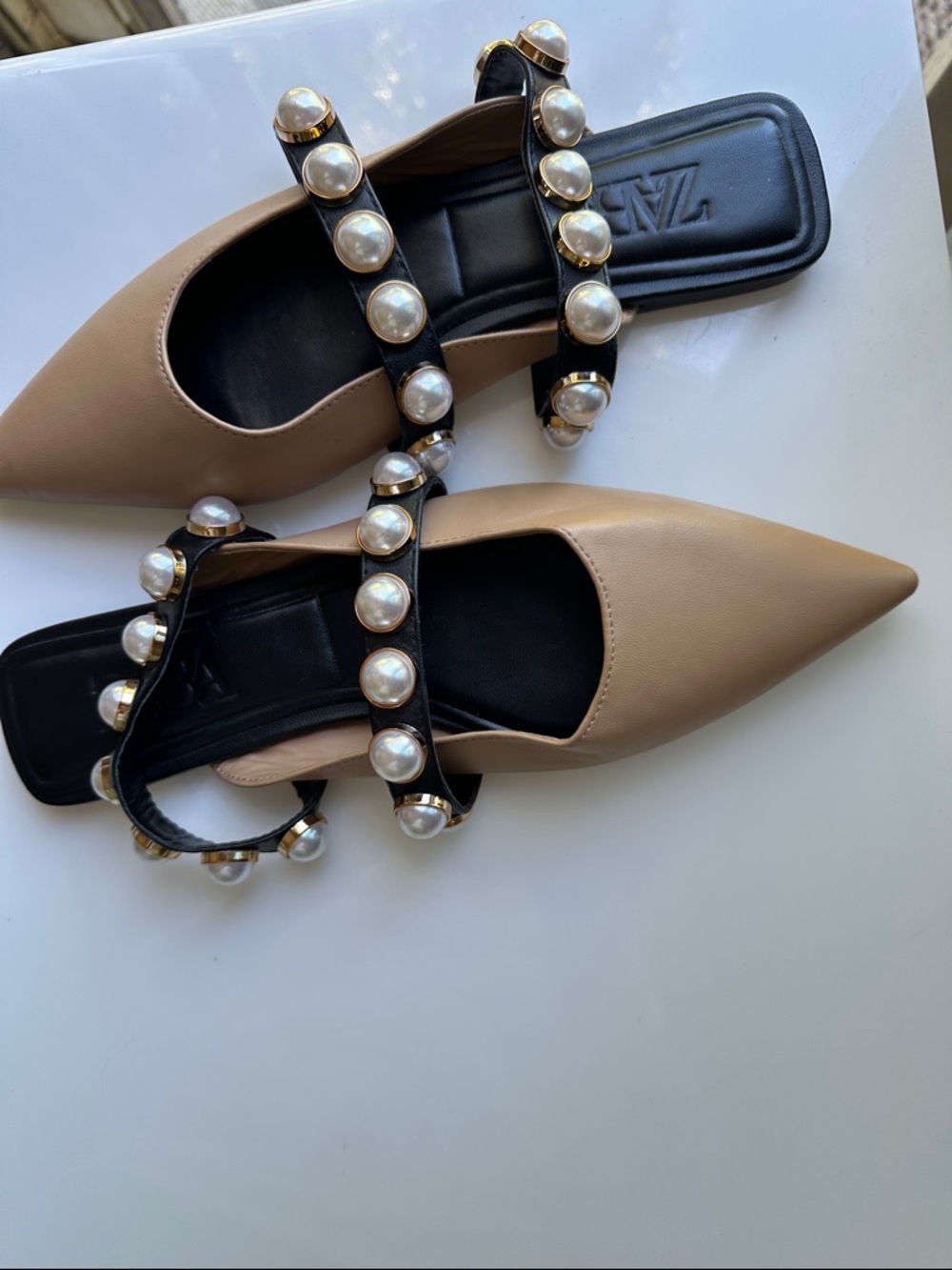 Zara Taupe Pointed Leather Mules with Black Pearl-Strap Detail